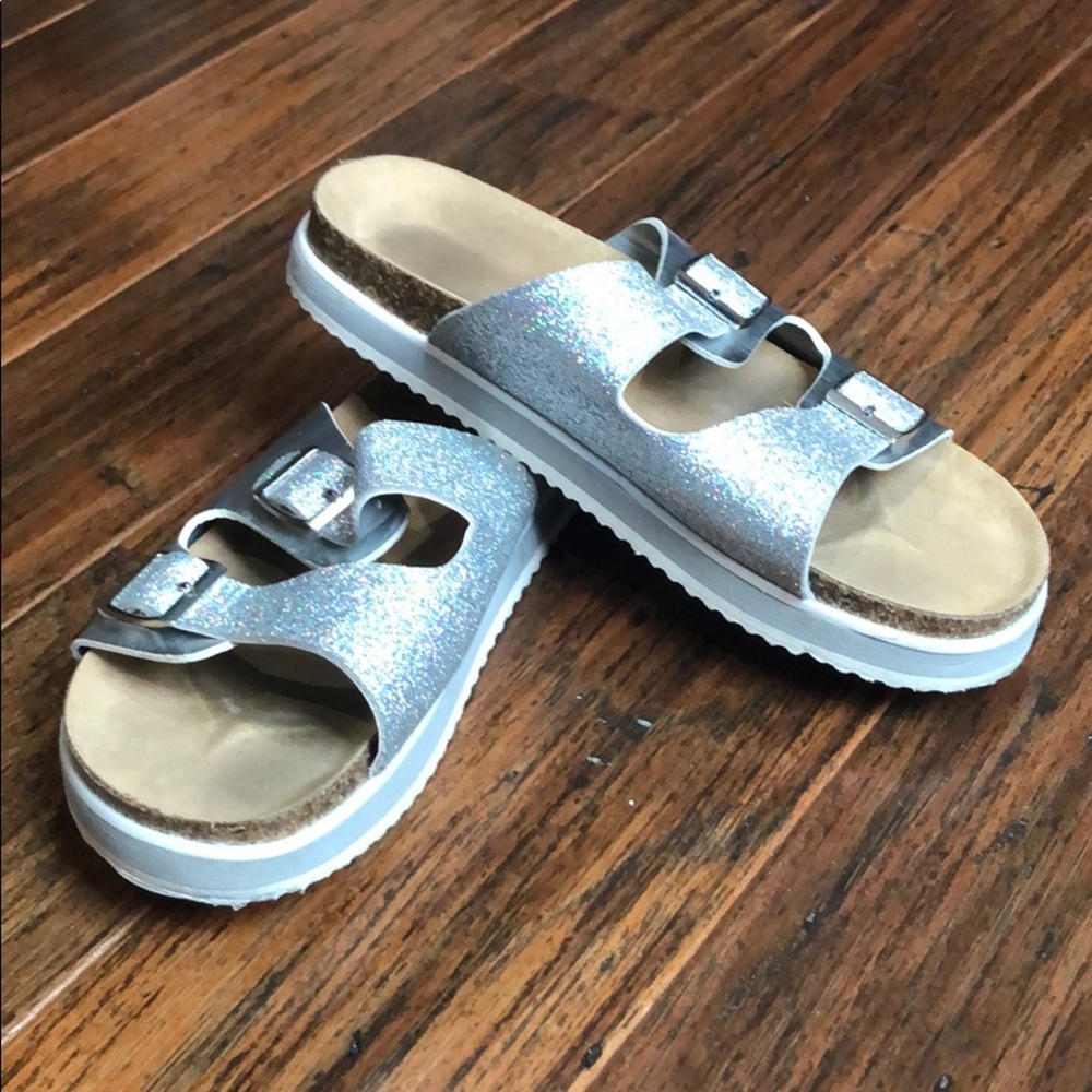 Double Buckle strap slide sandals silver glitter 8